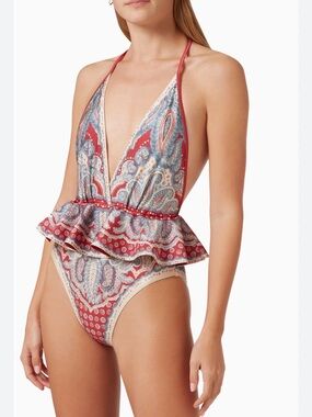Zimmermann Pink and Blue Paisley Halter Ruffle One-Piece